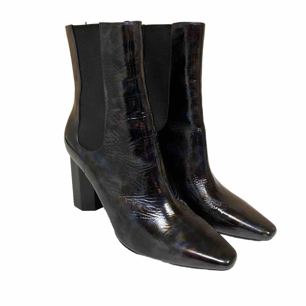 Donald Pliner Laila Black Patent Leather Chunky Heel Boots Iridescent Size 8.5